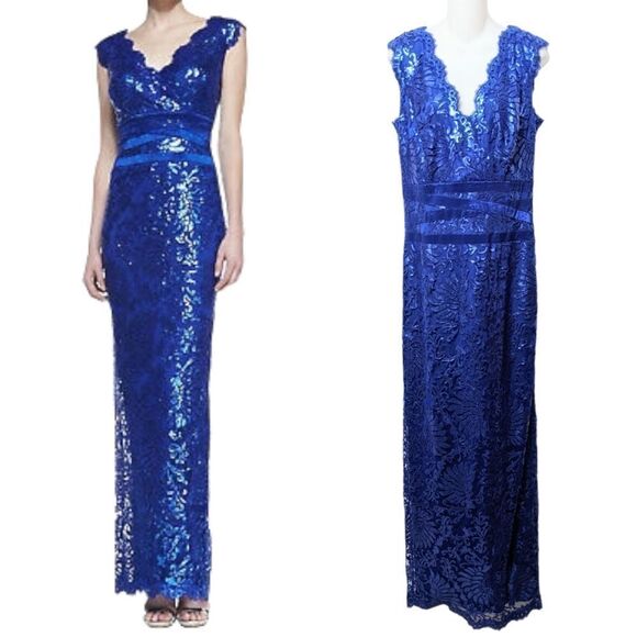 TADASHI SHOJI Paillette Embroidered Lace Banded Waist V-Neck Gown 14 - Picture 1 of 12